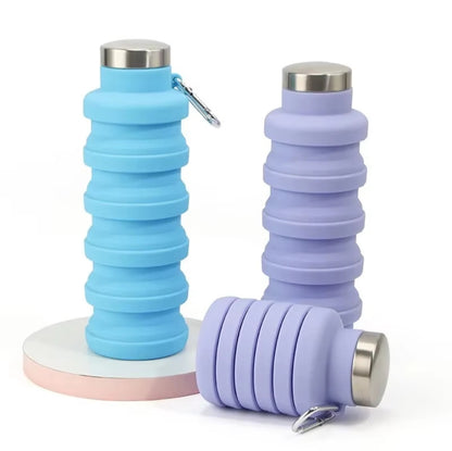 Collapsible Silicone Water Bottle | 550ml, BPA Free, Stainless Steel Lid (Green/Pink/Grey)