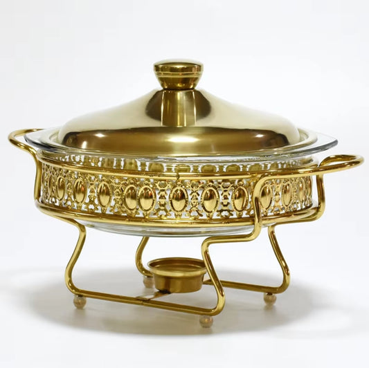 Round Glass and Gold Chafing Dish | 2L Capacity with Stainless Steel Frame