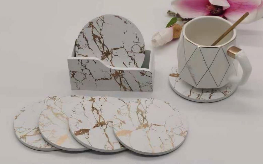 Marble Cup Coasters Set  6 Pcs with Wooden Stand