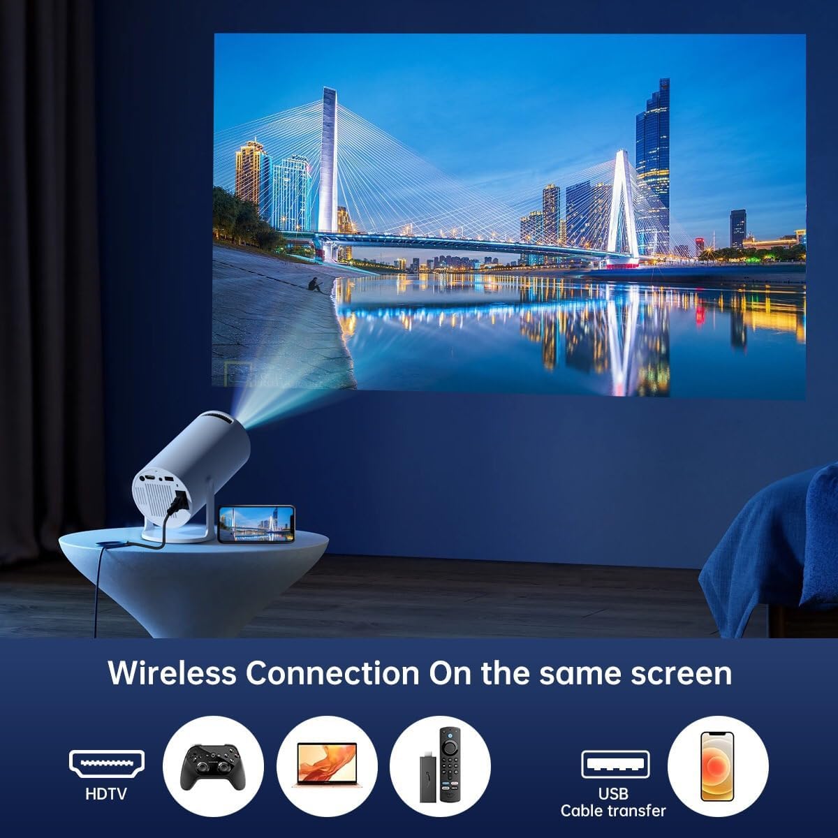 Smart Portable Projector – 120 ANSI Lumens, Wireless Screen Casting, 130° Huge Screen, Built-in Wi-Fi, Bluetooth & HDMI