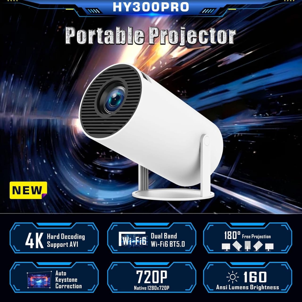 Smart Portable Projector – 120 ANSI Lumens, Wireless Screen Casting, 130° Huge Screen, Built-in Wi-Fi, Bluetooth & HDMI