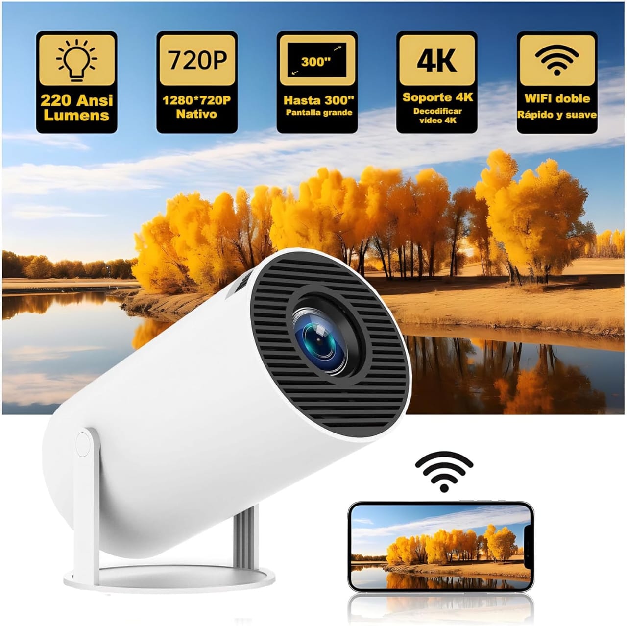 Smart Portable Projector – 120 ANSI Lumens, Wireless Screen Casting, 130° Huge Screen, Built-in Wi-Fi, Bluetooth & HDMI