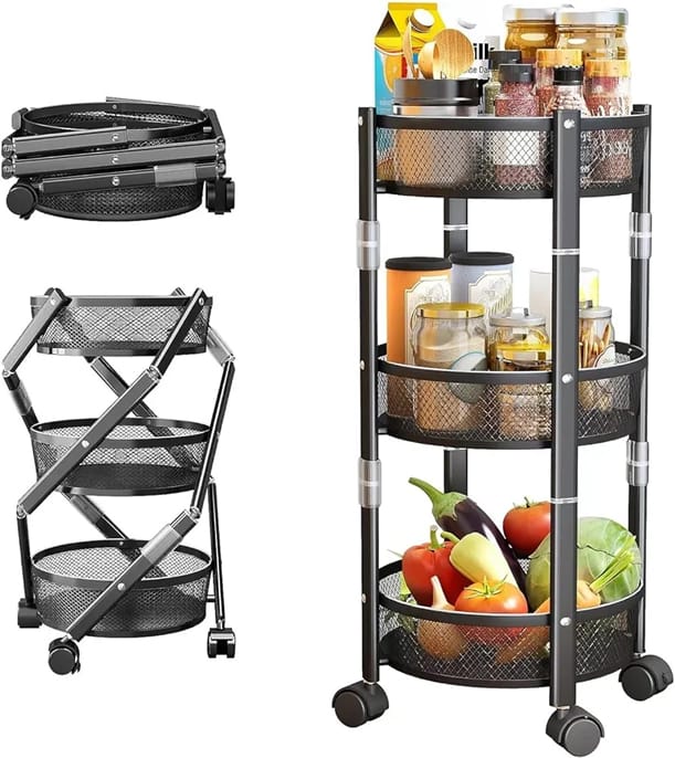 3-Tier Collapsible Rack  Foldable Storage with Lockable Wheels for Kitchen, Living Room, or Office