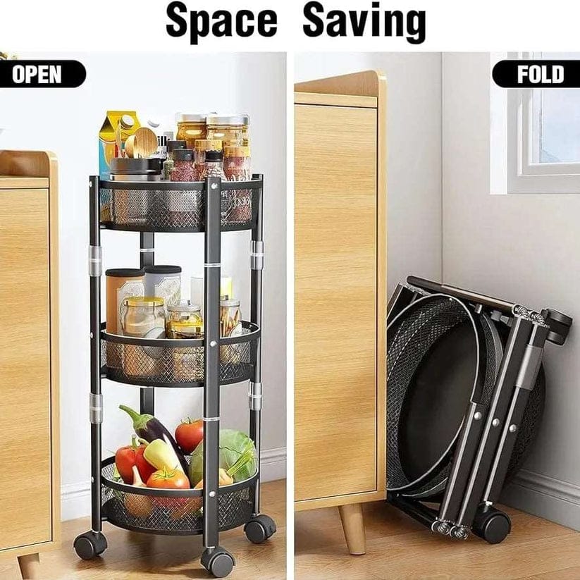 3-Tier Collapsible Rack  Foldable Storage with Lockable Wheels for Kitchen, Living Room, or Office