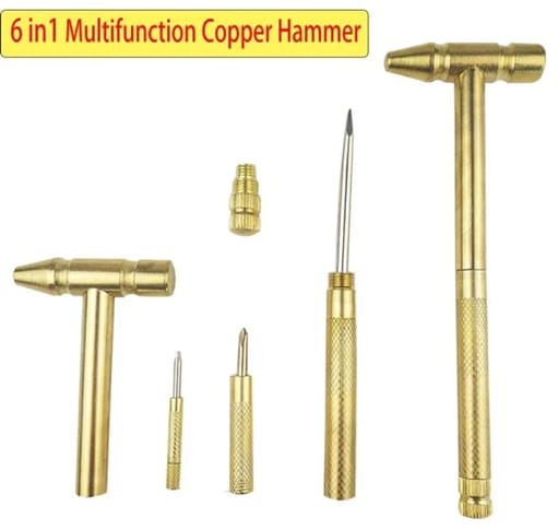 6in1 Mini Multifunction Tool Set Copper Plated Hammer & Screwdriver, Metal & Brass DIY Hand Repair Tools for Jewelry & Home Use