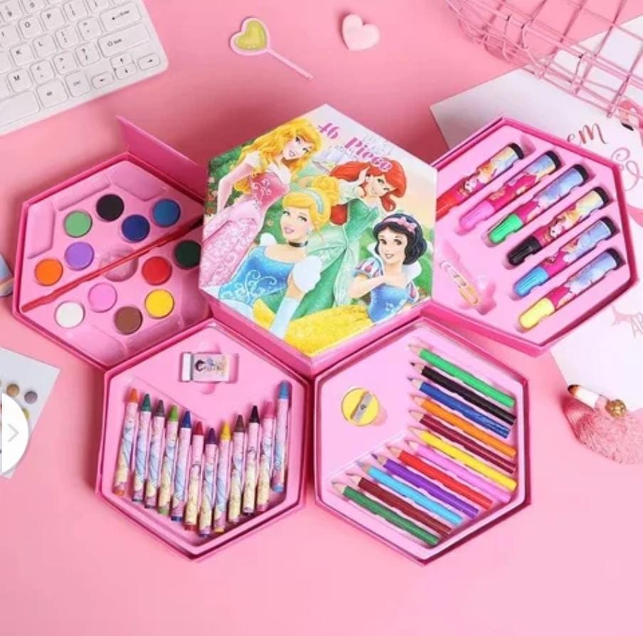 Hexagonal Color Box Art Set for Kids |46pc Set with Pencils, Crayons, Paints & More (Disney Princess, Winnie the Pooh, Mickey Mouse)