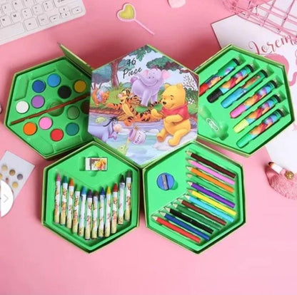 Hexagonal Color Box Art Set for Kids |46pc Set with Pencils, Crayons, Paints & More (Disney Princess, Winnie the Pooh, Mickey Mouse)