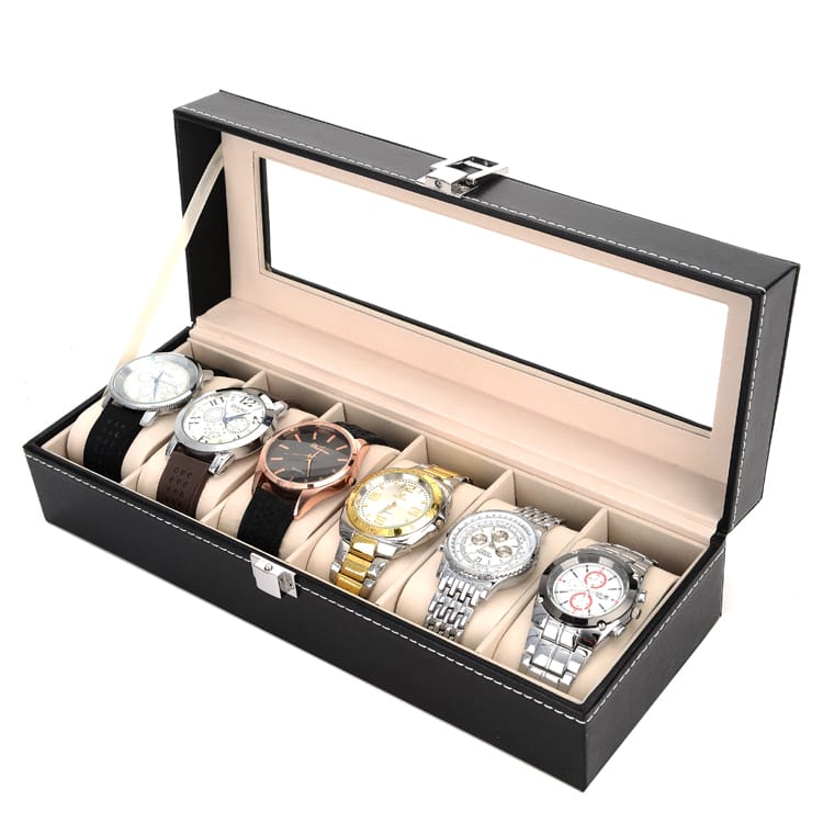 Furaha Finds 6 Slot Watch Organizer Storage Box Elegant display case for watch collection with a soft velvet interior and transparent lid."
