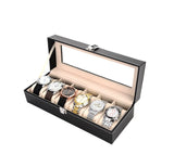 Furaha Finds 6 Slot Watch Organizer Storage Box Elegant display case for watch collection with a soft velvet interior and transparent lid."
