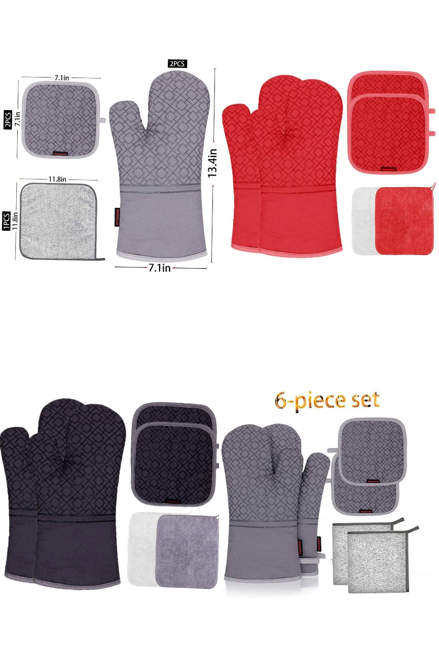 Heat Resistant 4 Piece Oven Mitts and Pot Holders Set  Antiskid, Breathable, High Heat Protection for Kitchen, Available in Red, Grey, Black