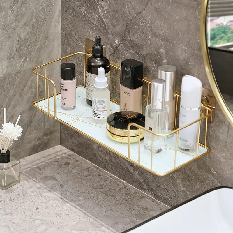 Luxury Bathroom Shelf with Marble Glass Plate | Nordic Light Design, Available in Small and Large Sizes | Small (34.5x13x7.5cm), Large (44.5x13x7.5cm)