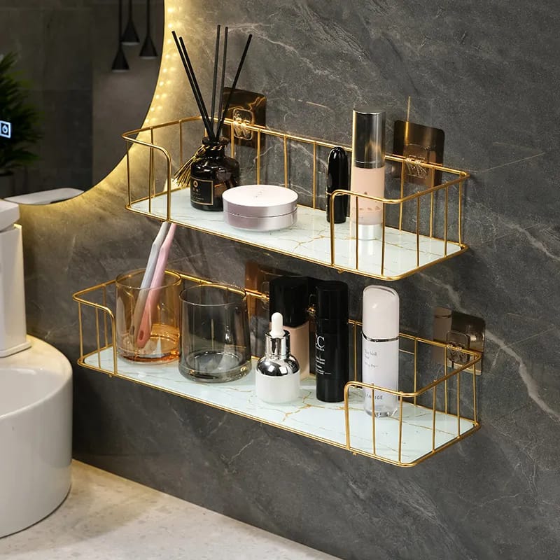 Luxury Bathroom Shelf with Marble Glass Plate | Nordic Light Design, Available in Small and Large Sizes | Small (34.5x13x7.5cm), Large (44.5x13x7.5cm)