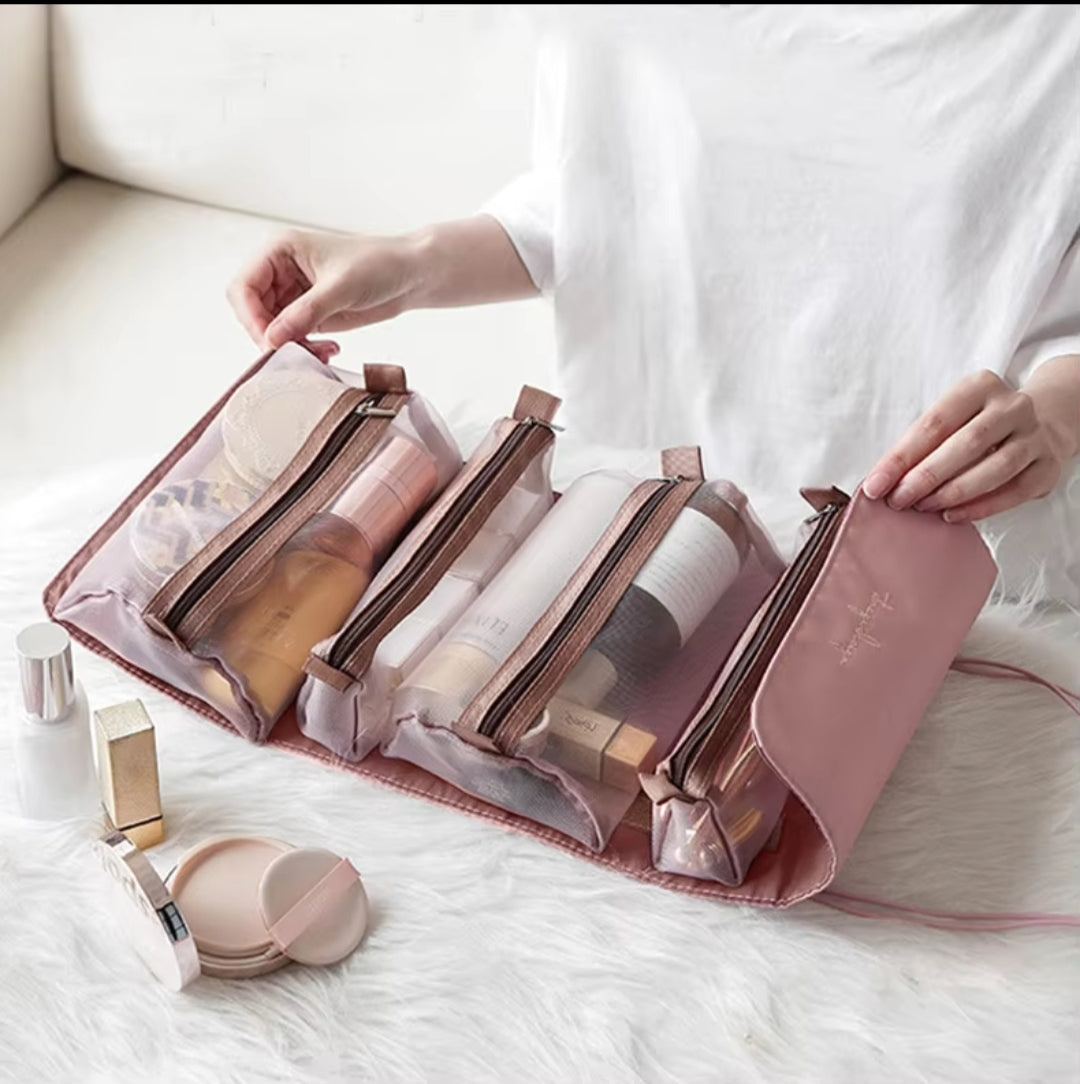 4Pcs In 1 Detachable Makeup Bag – Foldable, Travel-Friendly Cosmetic and Wash Storage Bag (Available in Multiple Colors)