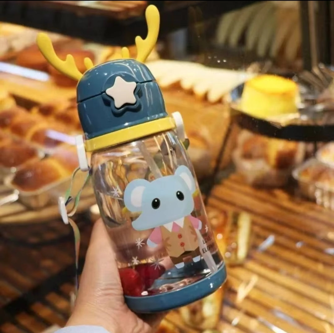 Antlers Kids Water Bottle | 600ml with Pop Up Silicone Straw, Adjustable Strap & Assorted Stickers (Silicone+PC+PP Material)