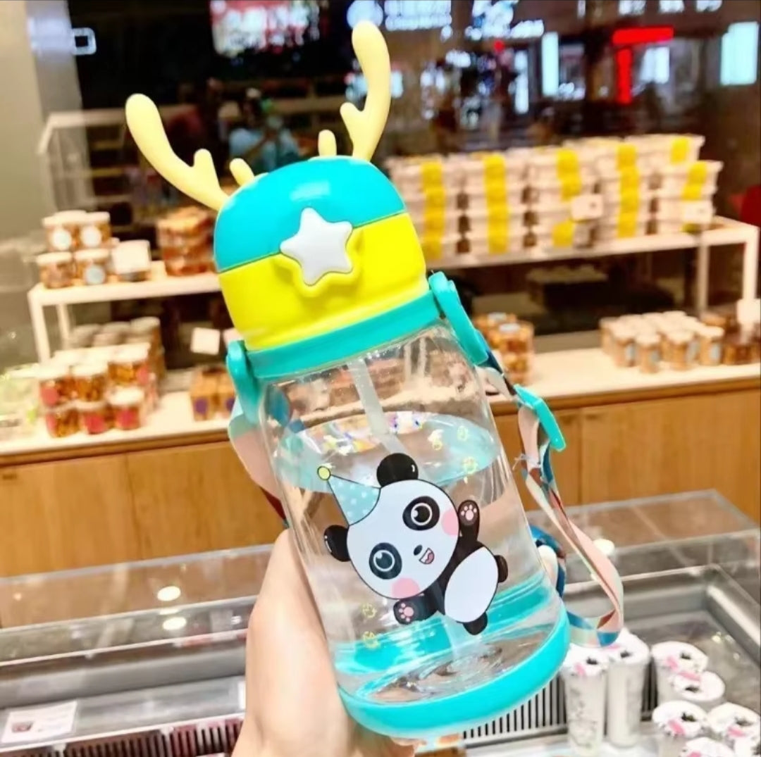 Antlers Kids Water Bottle | 600ml with Pop Up Silicone Straw, Adjustable Strap & Assorted Stickers (Silicone+PC+PP Material)