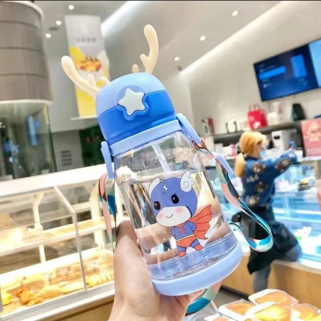 Antlers Kids Water Bottle | 600ml with Pop Up Silicone Straw, Adjustable Strap & Assorted Stickers (Silicone+PC+PP Material)