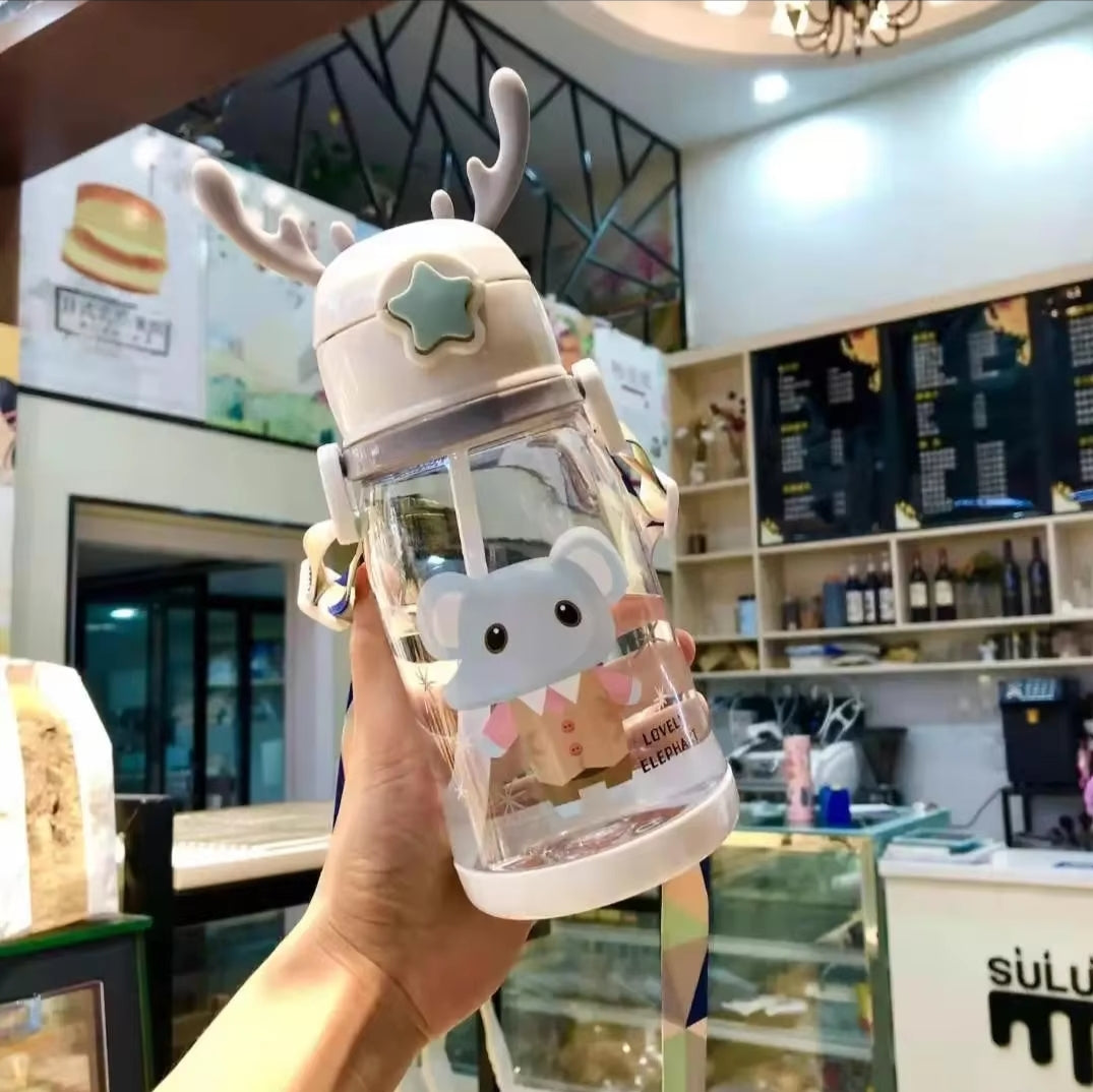 Antlers Kids Water Bottle | 600ml with Pop Up Silicone Straw, Adjustable Strap & Assorted Stickers (Silicone+PC+PP Material)