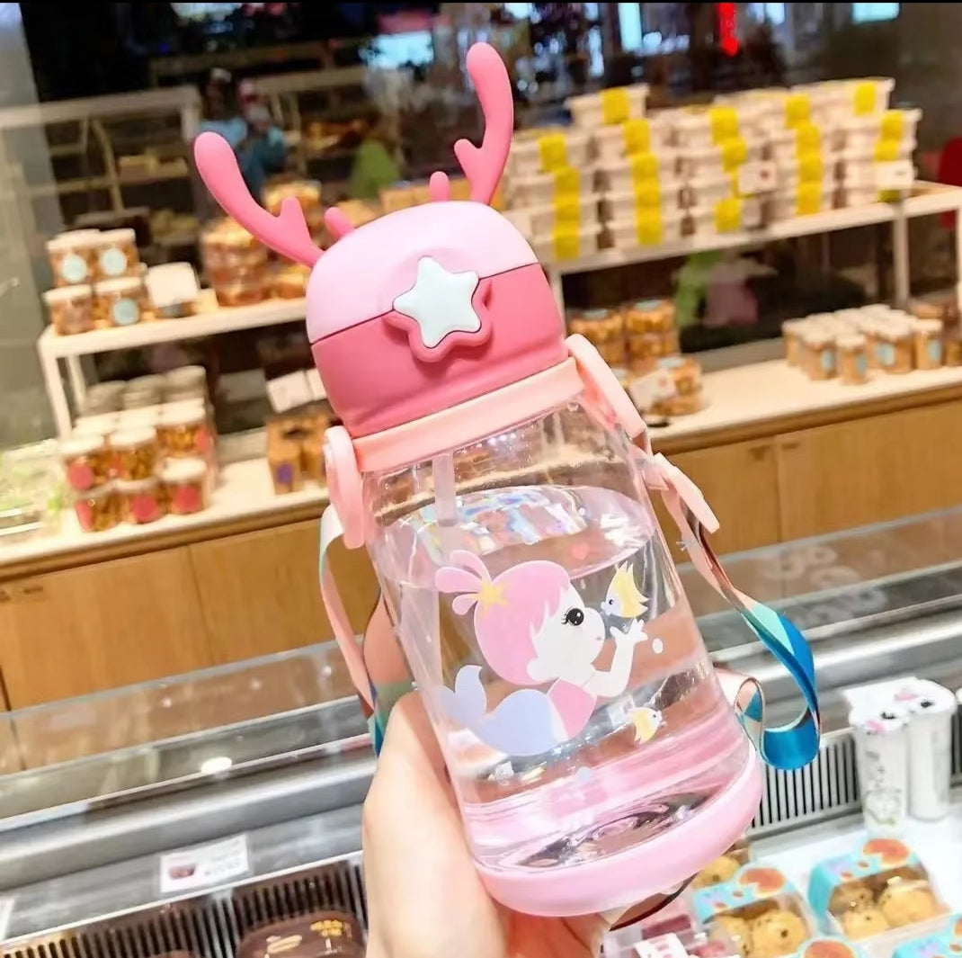 Antlers Kids Water Bottle | 600ml with Pop Up Silicone Straw, Adjustable Strap & Assorted Stickers (Silicone+PC+PP Material)