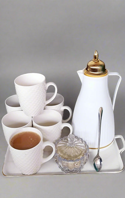 High Quality 7 Piece Tea Set|  Includes 6 Mugs, 1L Flask, Tea Spoons & Sugar Dish