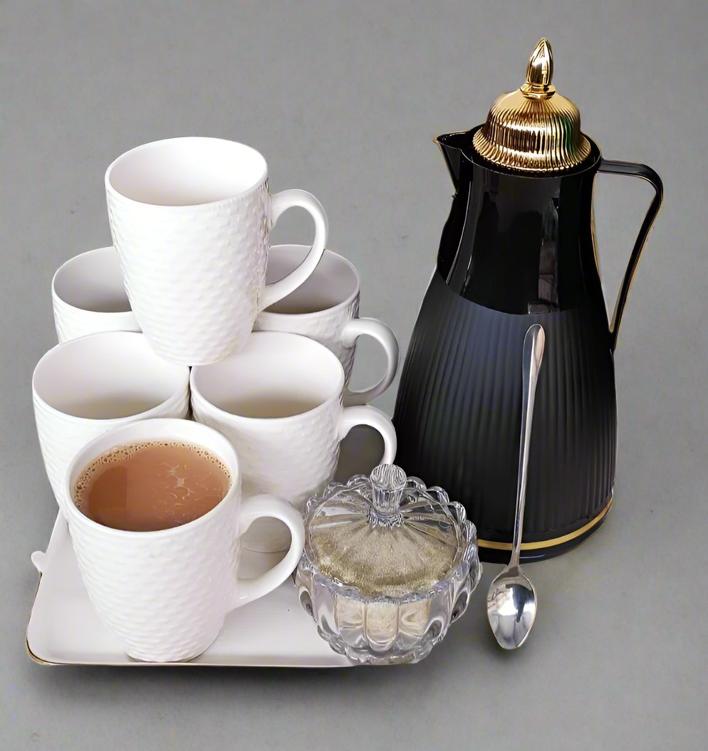 High Quality 7 Piece Tea Set|  Includes 6 Mugs, 1L Flask, Tea Spoons & Sugar Dish