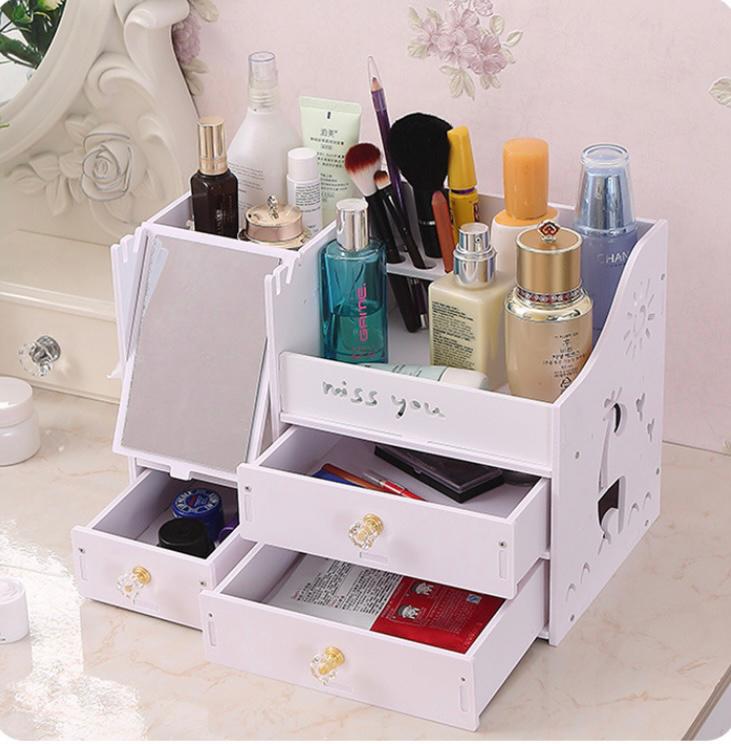 Wooden Makeup Organizer Drawer with Mirror  Large Capacity Beauty Storage