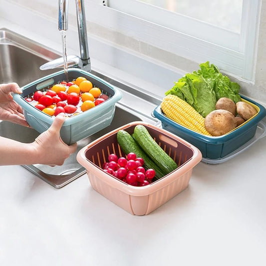 3in1 MultiPurpose Food Storage Container |Double Layer with Drain Basket and Lid, PP + Silicone, for Kitchen, Refrigerator, and Fruits