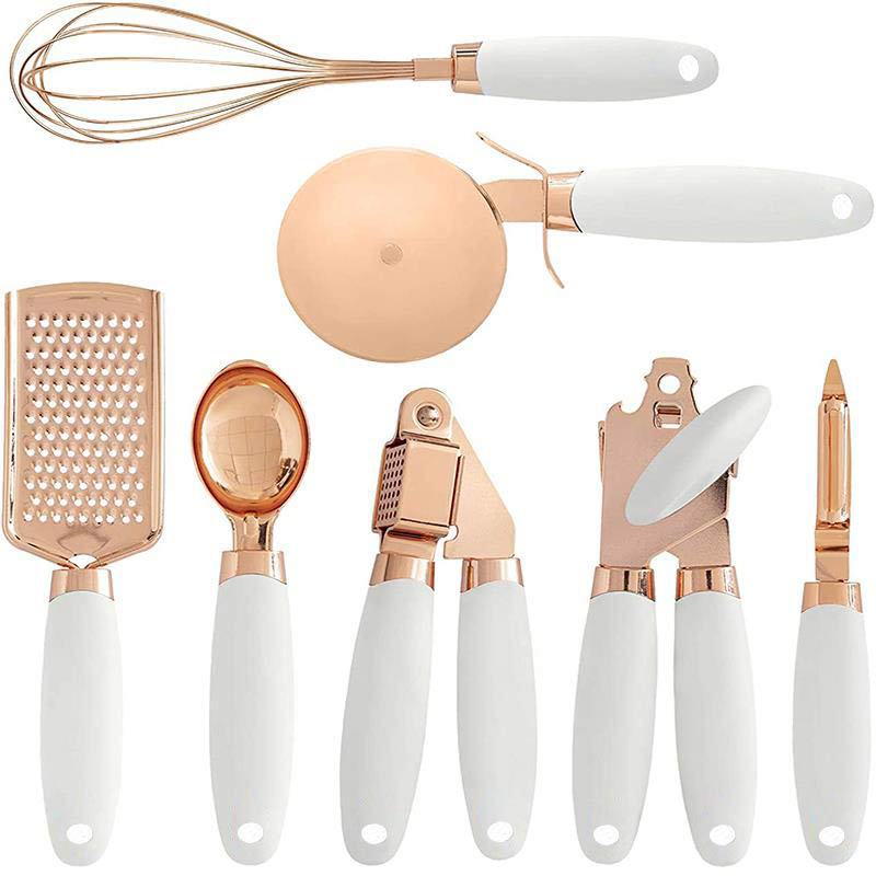 High Quality 7pcs Kitchen Gadget Set with Copper Plated Finish and Silicon Handle | Whisk, Grater, Pizza Cutter, Garlic Press, Can Opener, Ice Cream Scoop, Peeler