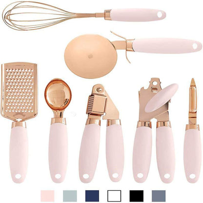 High Quality 7pcs Kitchen Gadget Set with Copper Plated Finish and Silicon Handle | Whisk, Grater, Pizza Cutter, Garlic Press, Can Opener, Ice Cream Scoop, Peeler