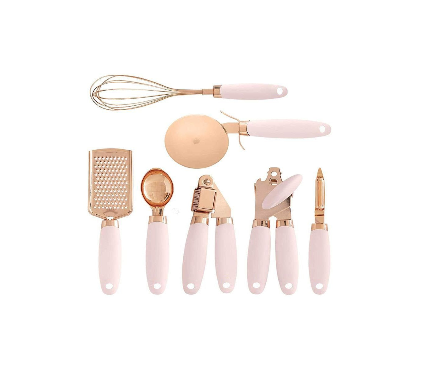 High Quality 7pcs Kitchen Gadget Set with Copper Plated Finish and Silicon Handle | Whisk, Grater, Pizza Cutter, Garlic Press, Can Opener, Ice Cream Scoop, Peeler