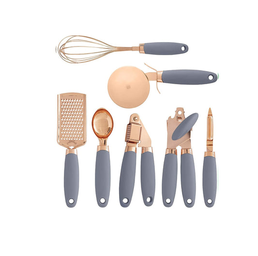 High Quality 7pcs Kitchen Gadget Set with Copper Plated Finish and Silicon Handle | Whisk, Grater, Pizza Cutter, Garlic Press, Can Opener, Ice Cream Scoop, Peeler