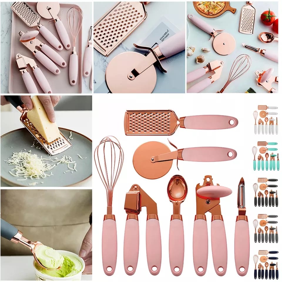 High Quality 7pcs Kitchen Gadget Set with Copper Plated Finish and Silicon Handle | Whisk, Grater, Pizza Cutter, Garlic Press, Can Opener, Ice Cream Scoop, Peeler