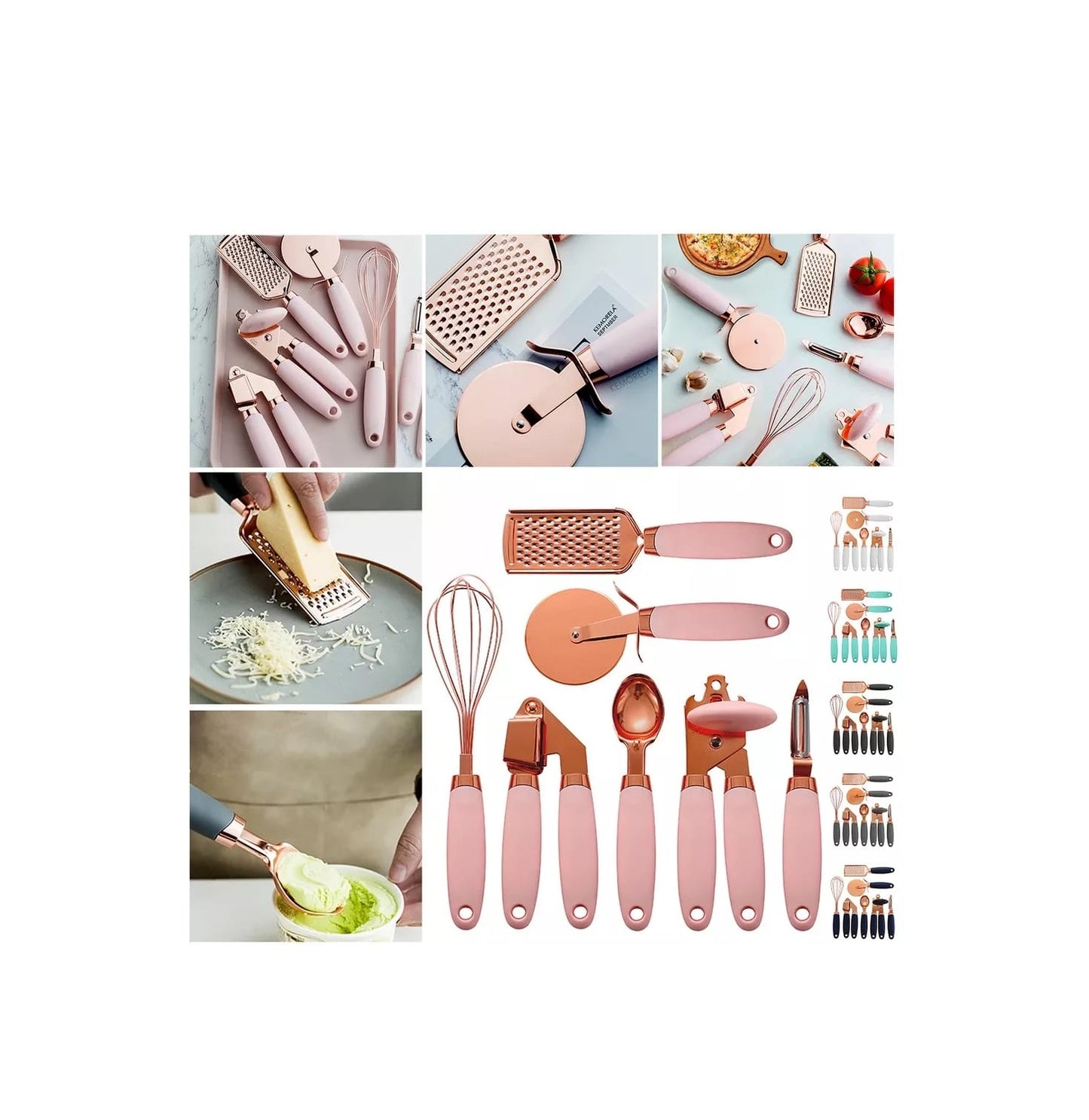 High Quality 7pcs Kitchen Gadget Set with Copper Plated Finish and Silicon Handle | Whisk, Grater, Pizza Cutter, Garlic Press, Can Opener, Ice Cream Scoop, Peeler