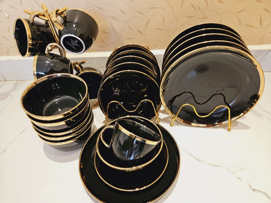 24 Piece Gloss Black Dinner Set with Gold Rim | Perfect For Formal Dinners, Family Gatherings, & Special Occasions