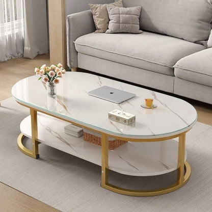 Modern Oval Shaped MDF Double Layer Coffee Table  Stylish and Functional Two Tier Design for Living Room & Office | 120*60*45cm