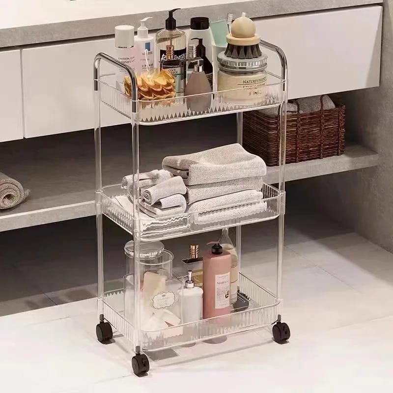 3 Layer Multipurpose Cosmetic Organizer with Wheels 360° Rotating Clear Rolling Storage Shelf