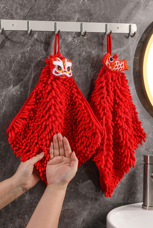 Red Chenille Hand Towels Soft Microfiber, Quick Drying Towel Ball for Kitchen|Bathroom, 27x27cm