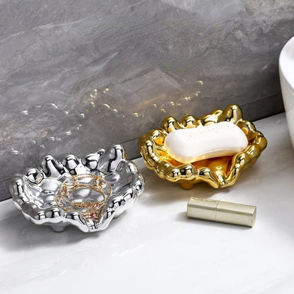 Quick Drain Soap Dish Golden|Silver Washbasin Countertop Storage Tray for Washroom Accessories