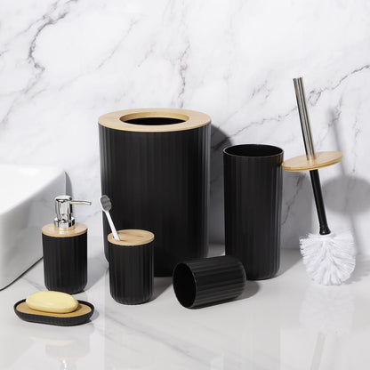 6 in 1 Bathroom Accessories Set with Wooden Ring Trash Can, Toilet Brush Holder, Lotion Dispenser, Toothbrush Holder, Soap Dish Available in Black, White, Grey