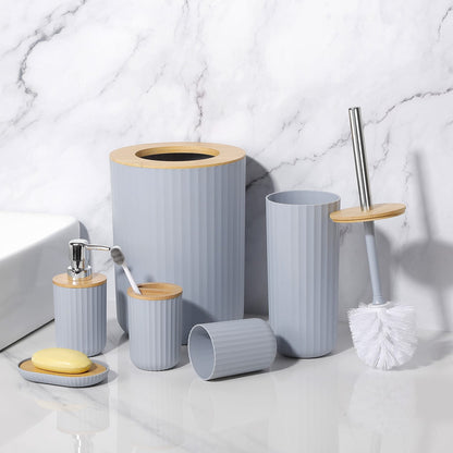 6 in 1 Bathroom Accessories Set with Wooden Ring Trash Can, Toilet Brush Holder, Lotion Dispenser, Toothbrush Holder, Soap Dish Available in Black, White, Grey