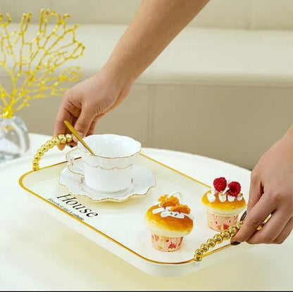 3 in 1 Tray with Gold Handle White with Gold Accents, Elegant Multi Purpose Serving Tray