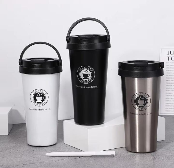 500ml Double Wall Stainless Steel Thermo Mug  Keeps Hot for 12 Hours, Available in Pink, Black, White, and Silver.