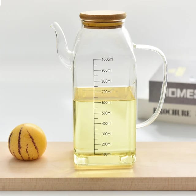 1000ml Square Shaped Oil Jar with Bamboo Lid Stylish and Functional Oil Dispenser for Kitchen