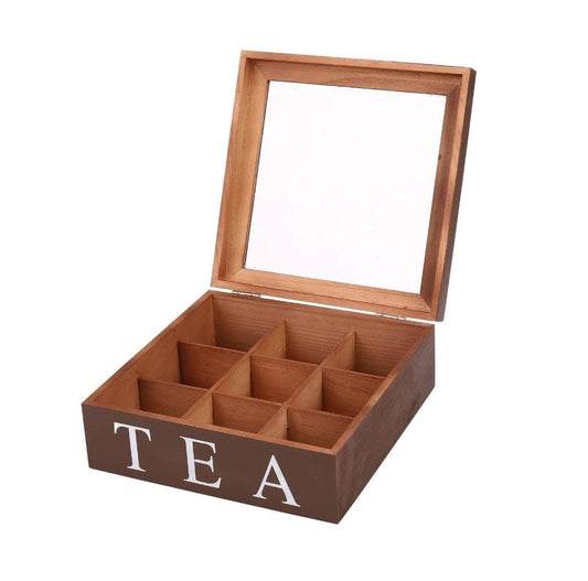 Wooden 9 Grids Tea Box |Tea Bags Storage Container with Transparent Top Lid