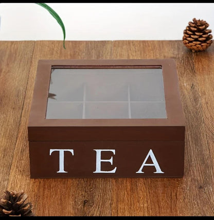 Wooden 9 Grids Tea Box |Tea Bags Storage Container with Transparent Top Lid