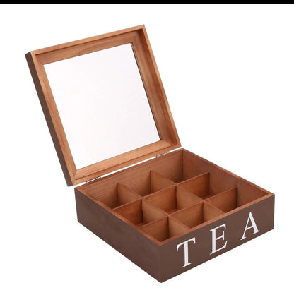 Wooden 9 Grids Tea Box |Tea Bags Storage Container with Transparent Top Lid