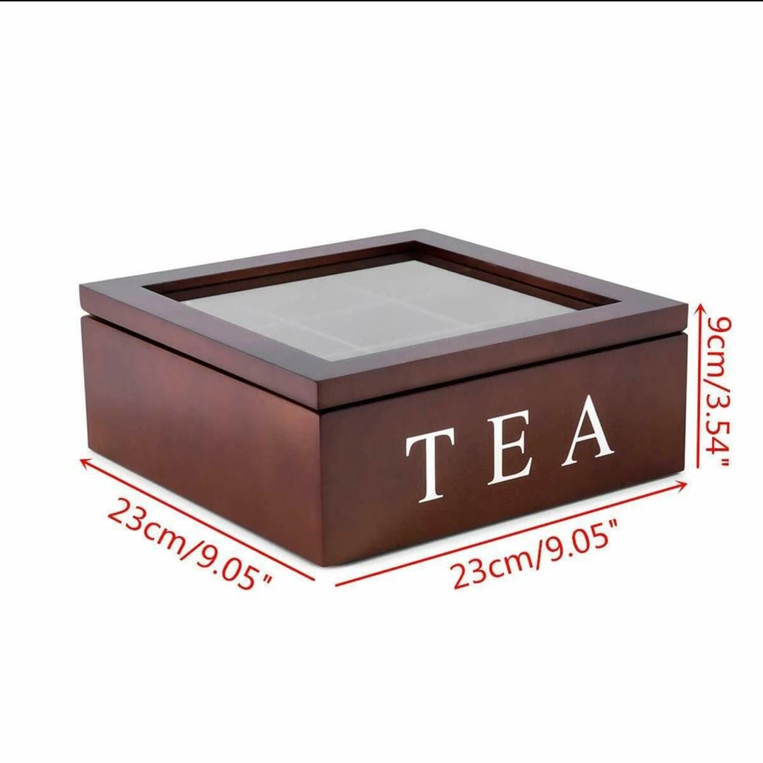 Wooden 9 Grids Tea Box |Tea Bags Storage Container with Transparent Top Lid