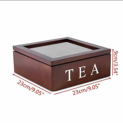 Wooden 9 Grids Tea Box |Tea Bags Storage Container with Transparent Top Lid