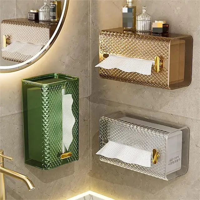 Furaha Finds Luxury Diamond Wall Mounted Acrylic Tissue Box  Transparent table napkin holder for bathrooms and living spaces, available in green, brown, and clear.