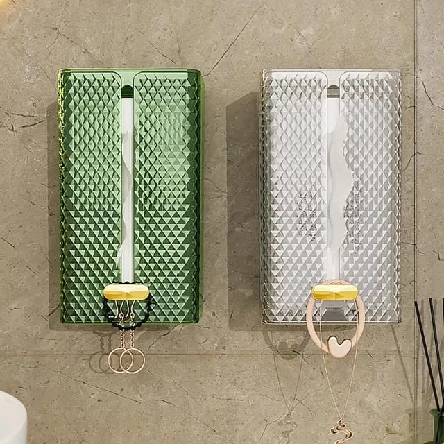 Furaha Finds Luxury Diamond Wall Mounted Acrylic Tissue Box  Transparent table napkin holder for bathrooms and living spaces, available in green, brown, and clear.