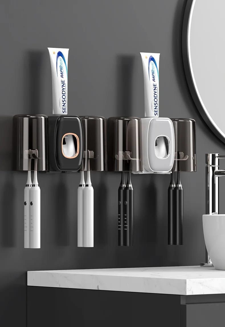 Creative Automatic Toothpaste Squeezer & Toothbrush Holder Set Hands-Free Dispenser with Wall Mounted Storage.